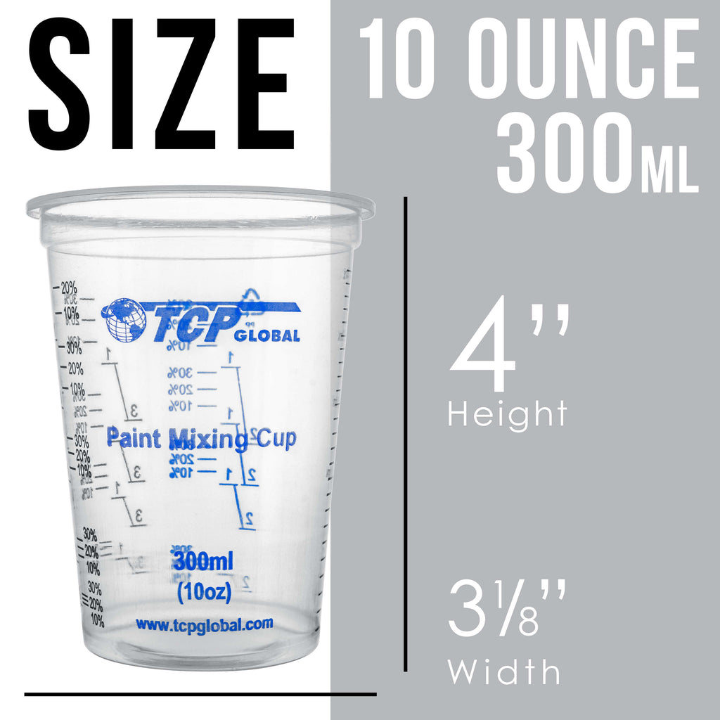 10 oz. (300ml) Graduated Plastic Mixing Cups - Box of 100 with 50 Mixing Sticks - Disposable Plastic Measuring Cups for Liquids, Paints, Resin