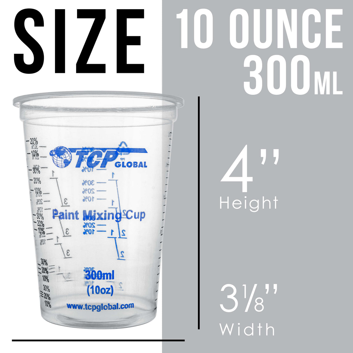 10 oz. (300ml) Graduated Plastic Mixing Cups - Box of 100 with 50 Mixing Sticks - Disposable Plastic Measuring Cups for Liquids, Paints, Resin