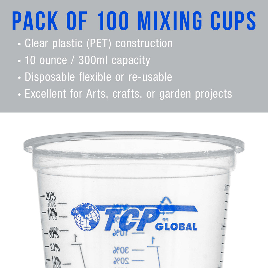 10 oz. (300ml) Graduated Plastic Mixing Cups - Box of 100 with 50 Mixing Sticks - Disposable Plastic Measuring Cups for Liquids, Paints, Resin