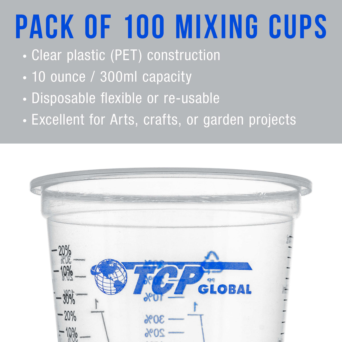 10 oz. (300ml) Graduated Plastic Mixing Cups - Box of 100 with 50 Mixing Sticks - Disposable Plastic Measuring Cups for Liquids, Paints, Resin