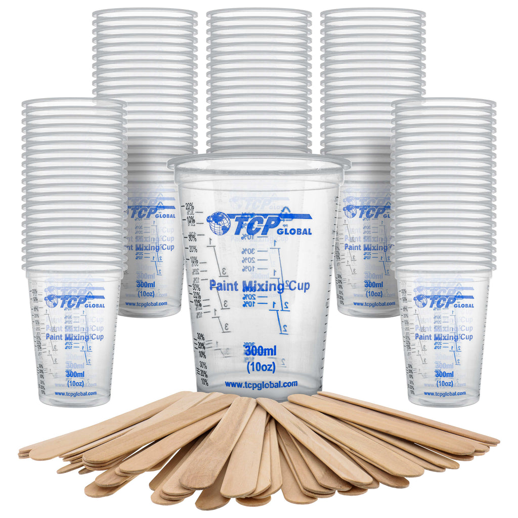 10 oz. (300ml) Graduated Plastic Mixing Cups - Box of 100 with 50 Mixing Sticks - Disposable Plastic Measuring Cups for Liquids, Paints, Resin