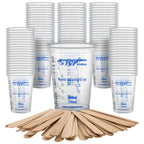 10 oz. (300ml) Graduated Plastic Mixing Cups - Box of 100 with 50 Mixing Sticks - Disposable Plastic Measuring Cups for Liquids, Paints, Resin