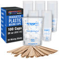 20 oz. (600ml) Graduated Plastic Mixing Cups - Box of 100 with 50 Mixing Sticks - Disposable Plastic Measuring Cups for Liquids, Paints, Resin