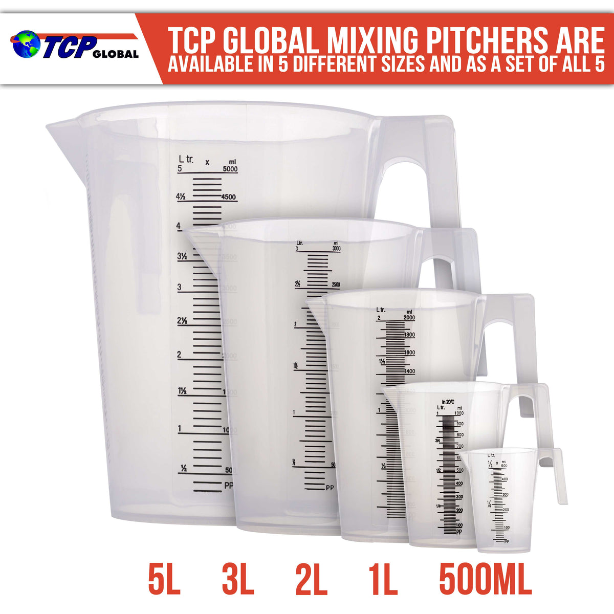 5 Liter (5000ml) Plastic Graduated Measuring and Mixing Pitcher (3-Pack) - 5 Quarts 1.25 Gallons- Pouring Cup, Measure & Mix Paint, Cooking
