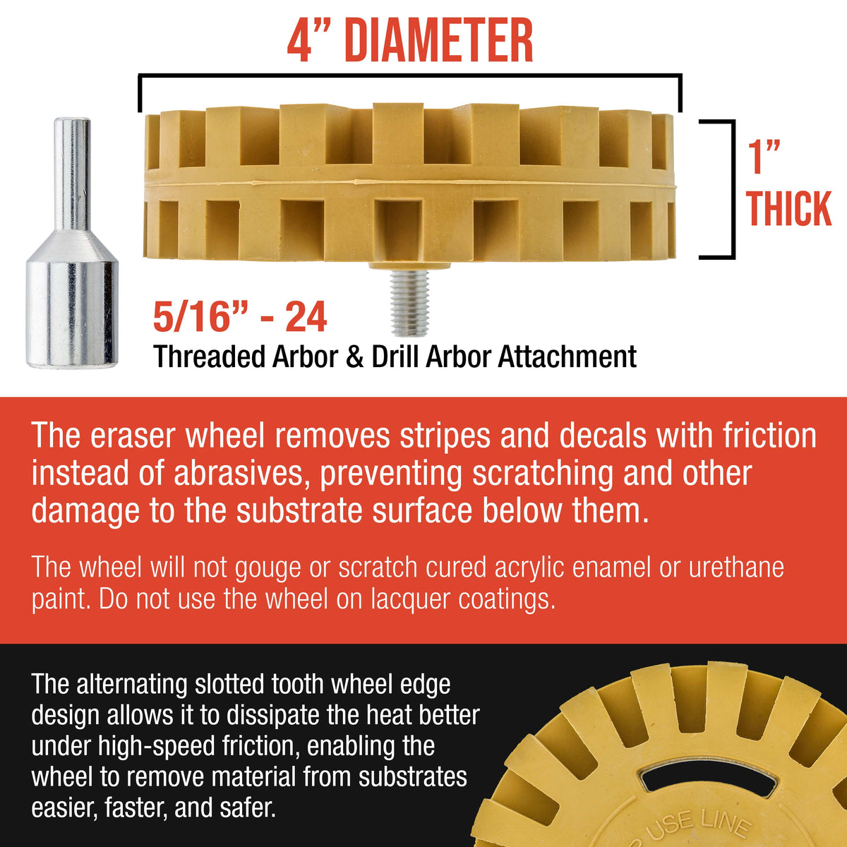 Rubber Eraser Wheel with Drill Adapter (2 Pack) - 4" Knobby Slotted Edge Pad - Decal Remover Wheel - Sticker Remover Tool - Removes Adhesives on Car