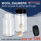 144-Pack Wool Daubers with Clear Plastic Bottles, 4 oz. (120 ml) - Safety Lids, Applicator Ball Brushes for Leather Dye, Dyeing, Painting, Gluing