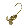 JB Lures Tungsten Spin Drop fishing lure in metallic gold with a sharp hook and dual spinning blades designed for musky and other freshwater fishing tackle.