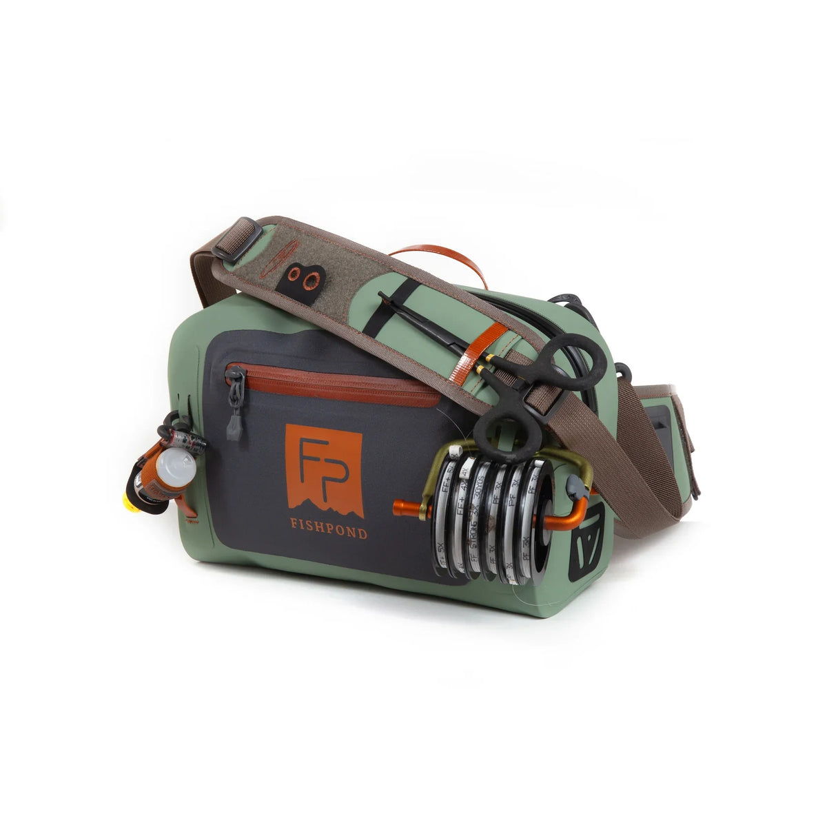 Fishpond Thunderhead Small Submersible Lumbar bag in green and black with brown accents, featuring multiple compartments, a sturdy adjustable strap, and fishing accessory attachments.