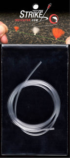 Clear coiled tubing for fishing applications shown in a sealed package with an inset image demonstrating the New Zealand Strike Indicator Tubing attached to fishing line with colorful strike indicators for fishing tackle use.