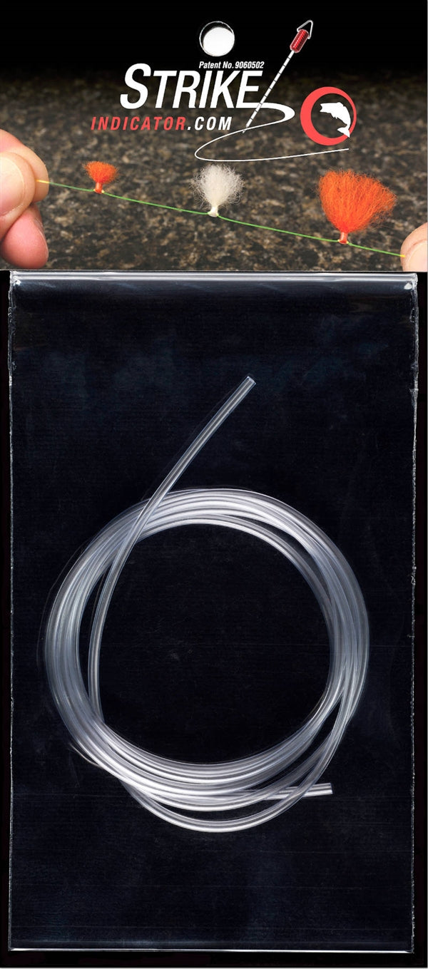 Clear coiled tubing for fishing applications shown in a sealed package with an inset image demonstrating the New Zealand Strike Indicator Tubing attached to fishing line with colorful strike indicators for fishing tackle use.