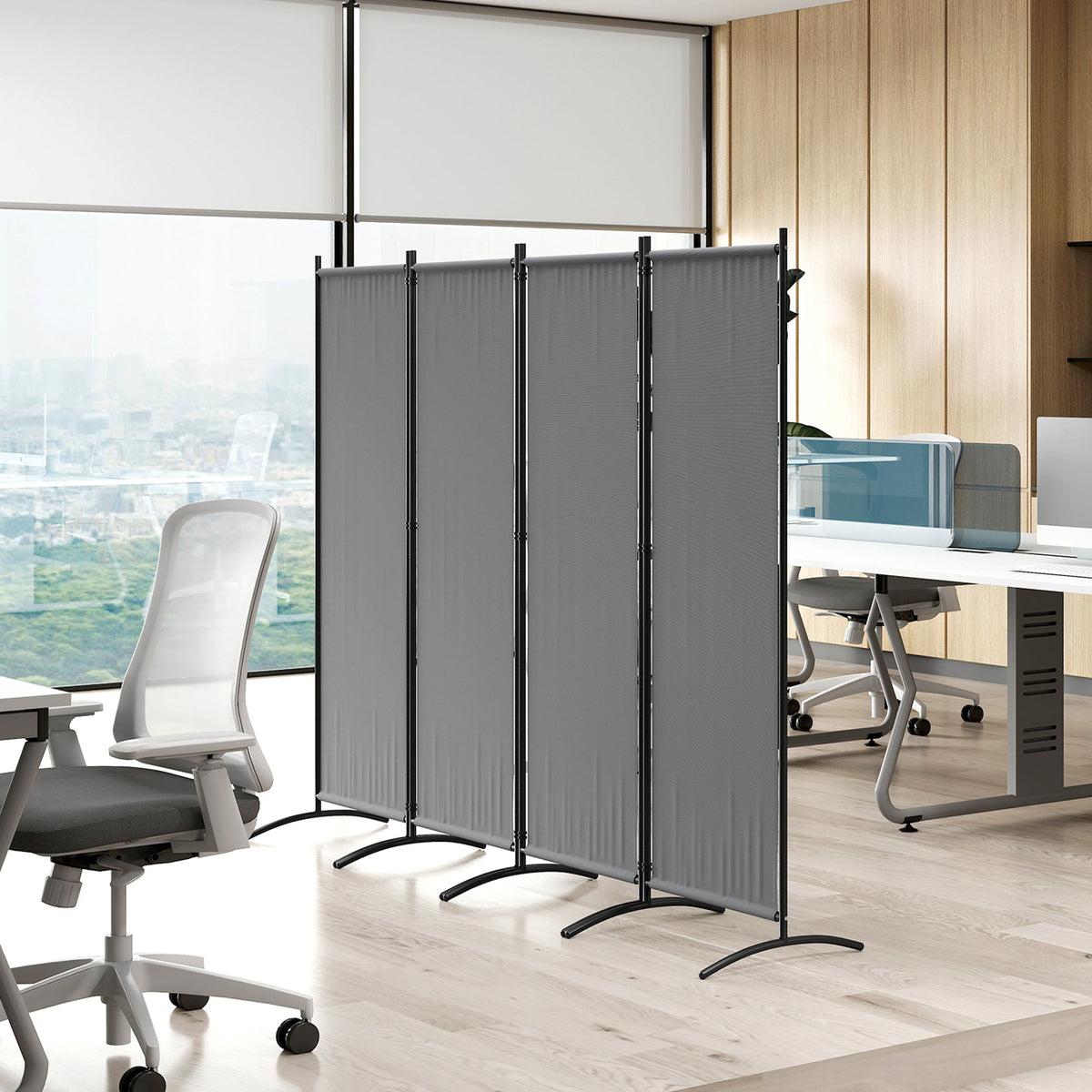 4 Panel Folding Room Divider with Wide Feet, Dark Grey