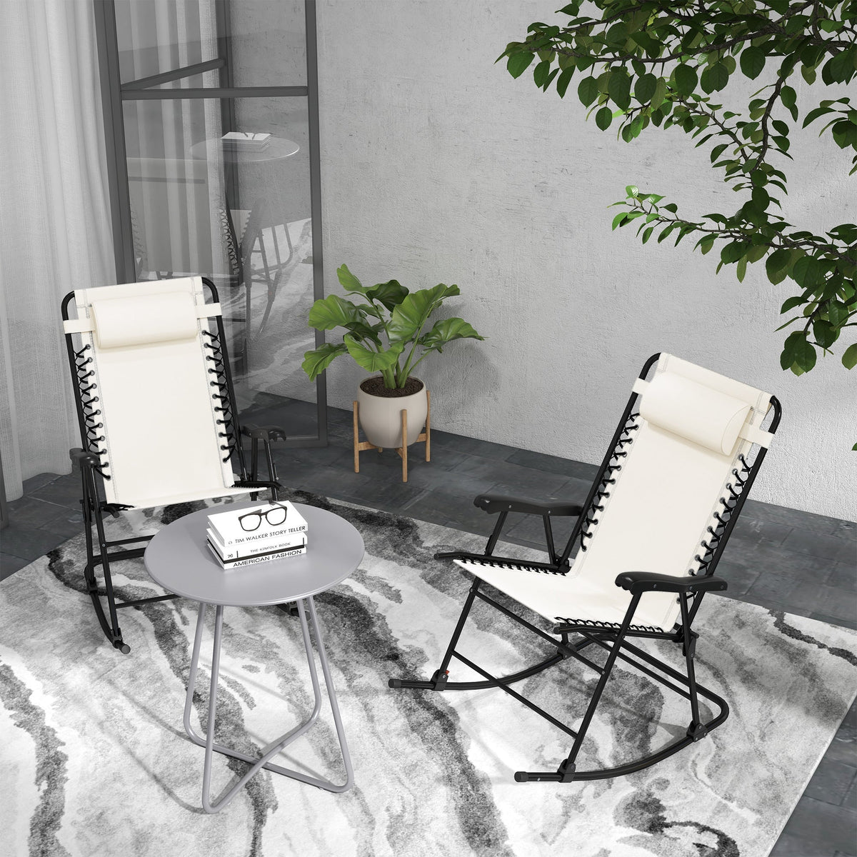 2pc Patio Foldable Rocking Chair Set w/ Breathable Mesh Seat, Backrest & Headrest, Cream White