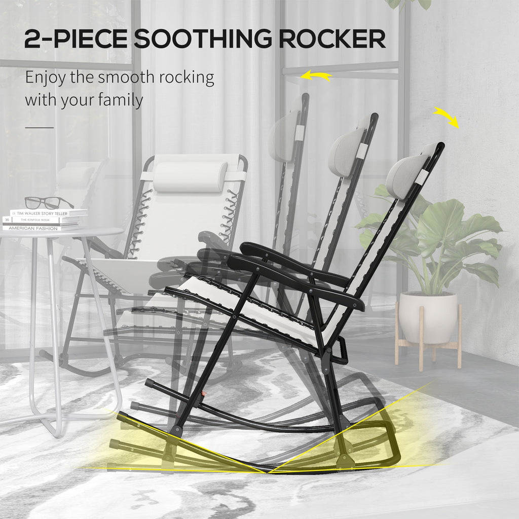2pc Patio Foldable Rocking Chair Set w/ Breathable Mesh Seat, Backrest & Headrest, Cream White