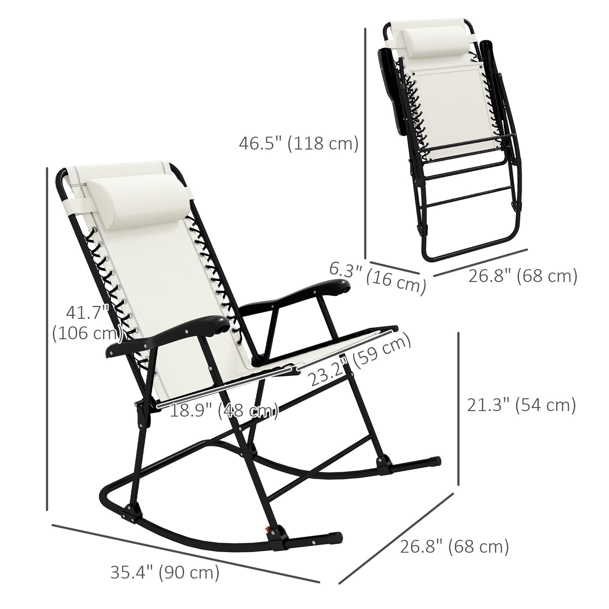 2pc Patio Foldable Rocking Chair Set w/ Breathable Mesh Seat, Backrest & Headrest, Cream White