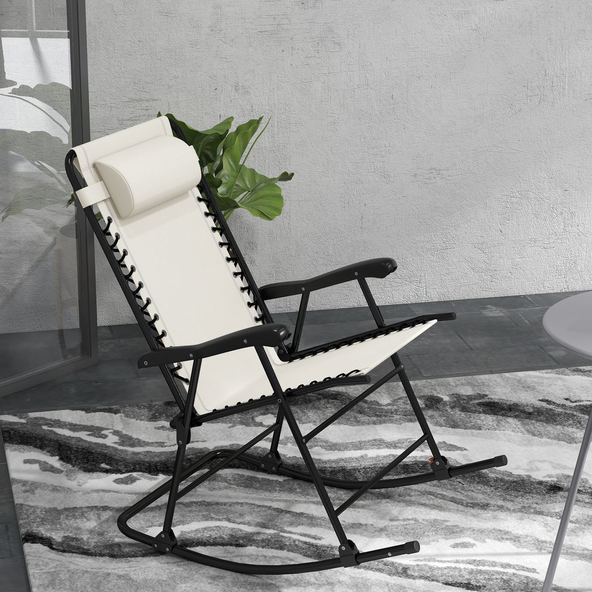 2pc Patio Foldable Rocking Chair Set w/ Breathable Mesh Seat, Backrest & Headrest, Cream White