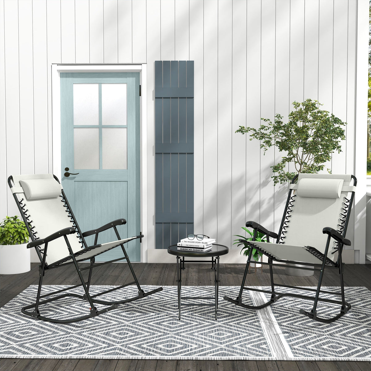 2pc Patio Foldable Rocking Chair Set w/ Breathable Mesh Seat, Backrest & Headrest, Cream White