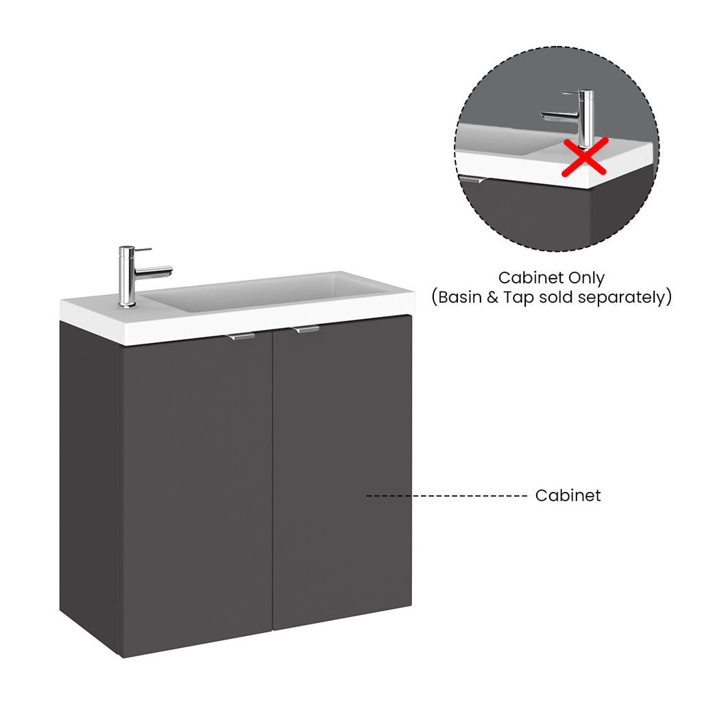 Hudson Reed Fusion Wall Hung 2 Soft Close Door Vanity Unit without Basin, Modern Compact Bathroom Storage in Gloss Grey Finish, 600mm