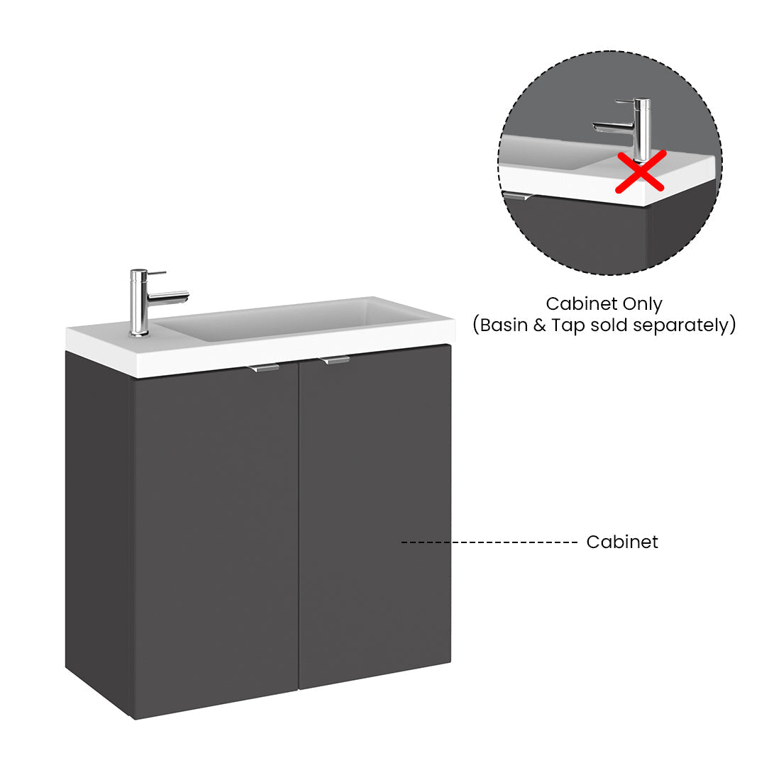 Hudson Reed Fusion Wall Hung 2 Soft Close Door Vanity Unit without Basin, Modern Compact Bathroom Storage in Gloss Grey Finish, 600mm