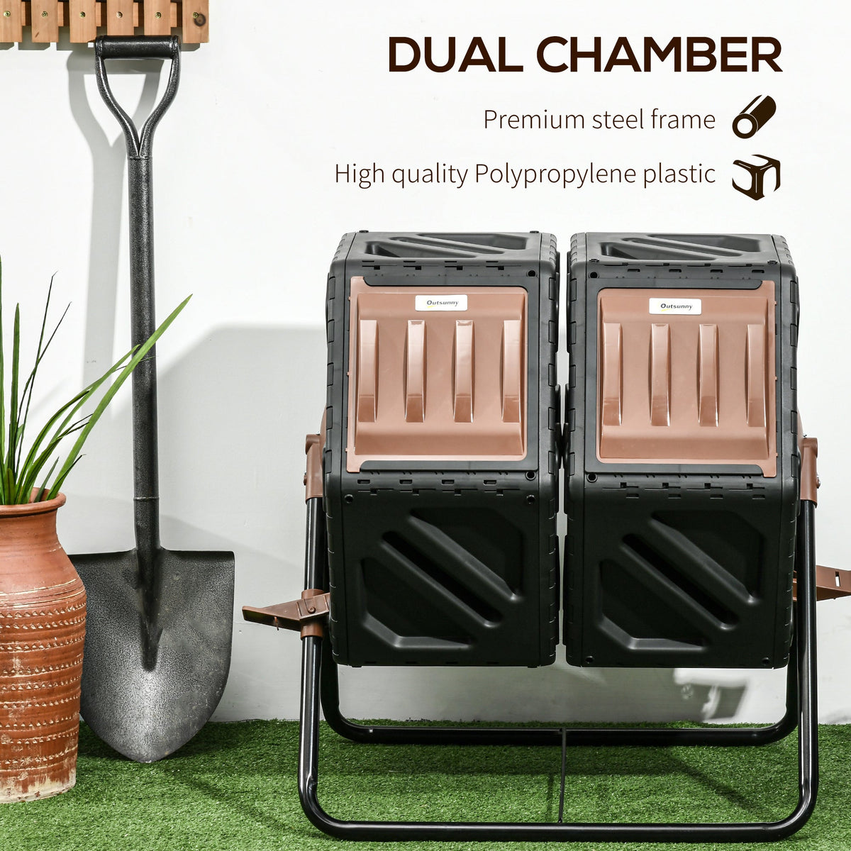 34.5 Gallon Dual Chamber Rotating Compost Bin, Tumbling Composter with Ventilation System, Brown