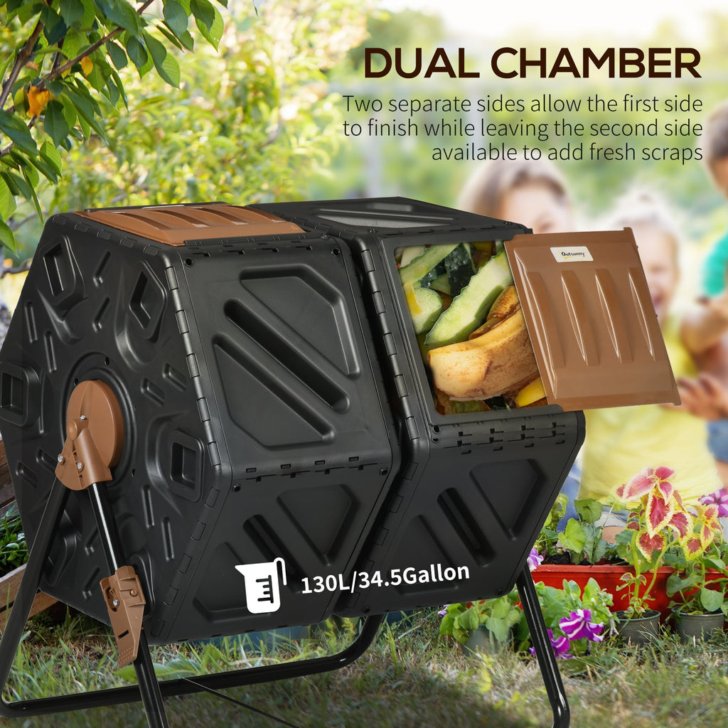 34.5 Gallon Dual Chamber Rotating Compost Bin, Tumbling Composter with Ventilation System, Brown
