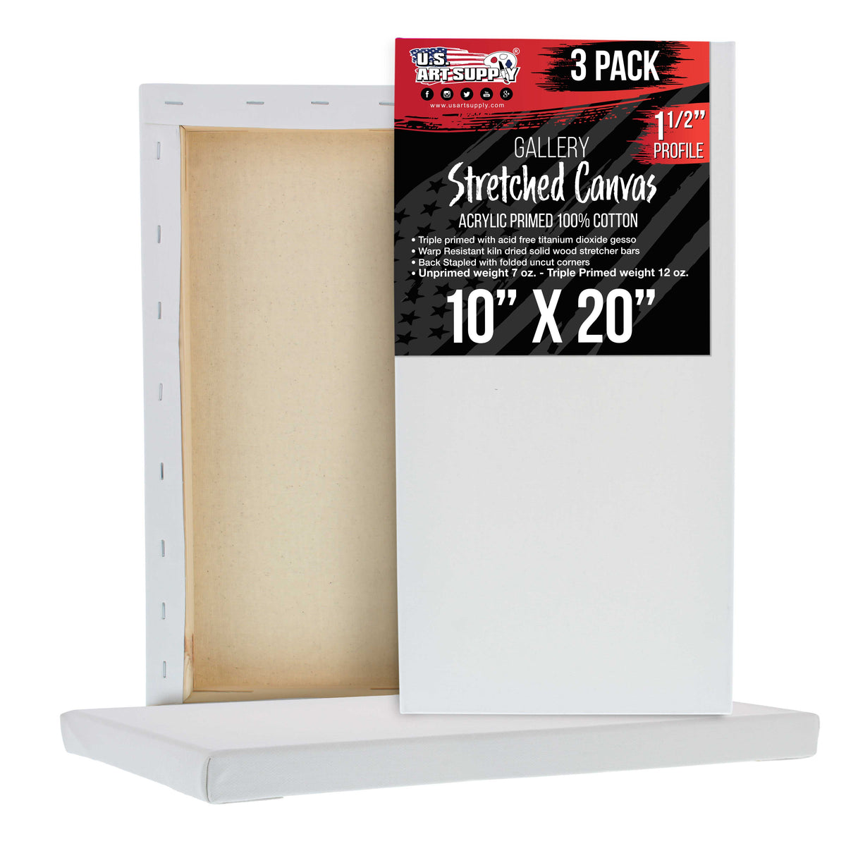 Rectangle Stretched Canvas for Painting 10x20 inch Gallery Depth 1-1/2" Thick, 3-Pack - 12oz Acrylic Gesso Triple Primed, Professional Artist Quality, 100% Cotton - Oil, Pouring Paint