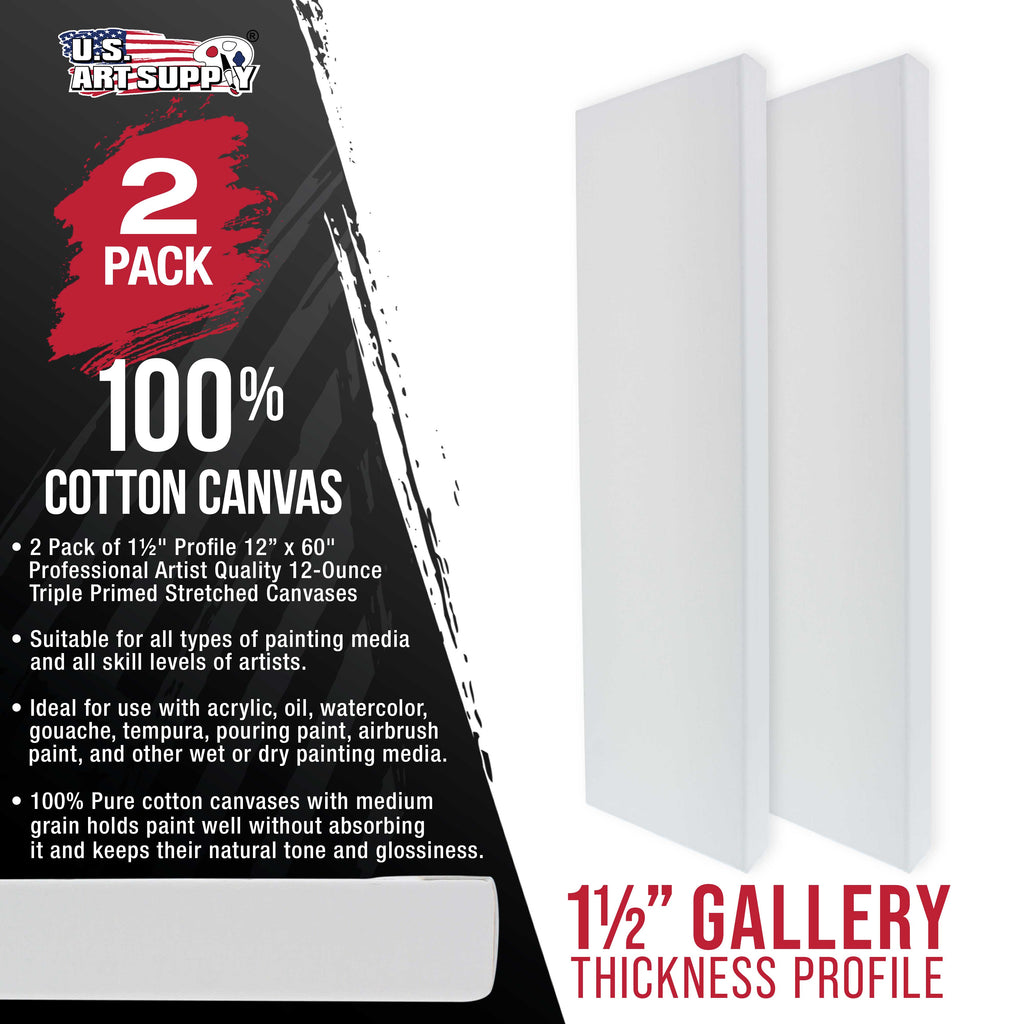 Rectangle Stretched Canvas for Painting 12x60 inch Gallery Depth 1-1/2" Thick, 3-Pack - 12oz Acrylic Gesso Triple Primed, Professional Artist Quality, 100% Cotton - Oil, Pouring Paint