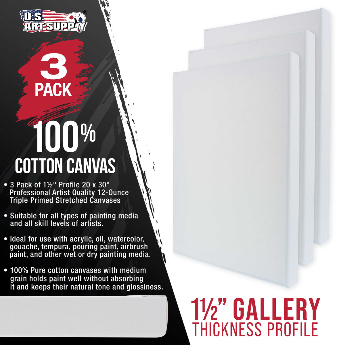 Large Stretched Canvas for Painting 20x30 inch Gallery Depth 1-1/2" Thick, 3-Pack - 12oz Acrylic Gesso Triple Primed, Professional Artist Quality, 100% Cotton - Oil, Pouring Paint