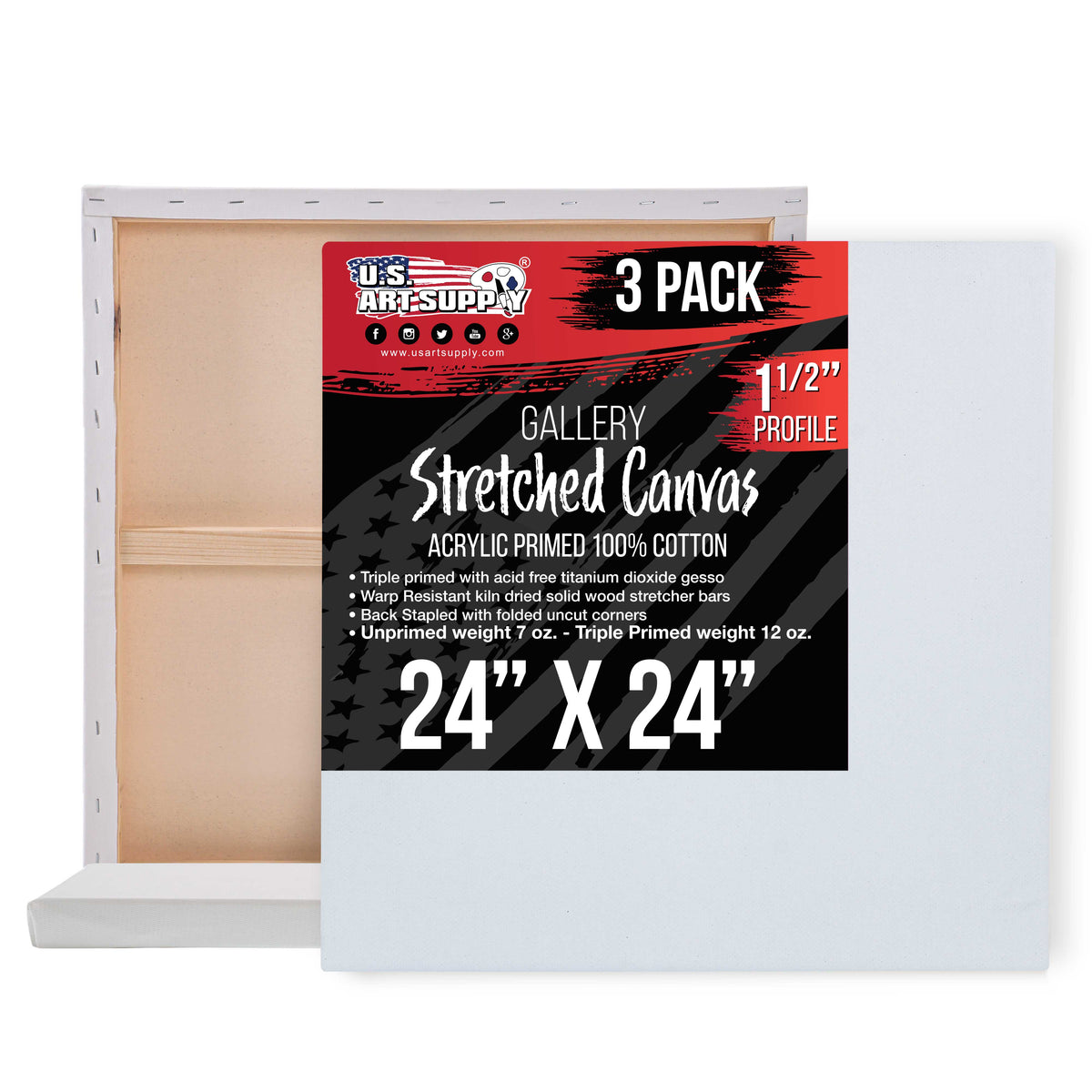 Large Stretched Canvas for Painting 24x24 inch Gallery Depth 1-1/2" Thick, 3-Pack - 12oz Acrylic Gesso Triple Primed, Professional Artist Quality, 100% Cotton - Oil, Pouring Paint