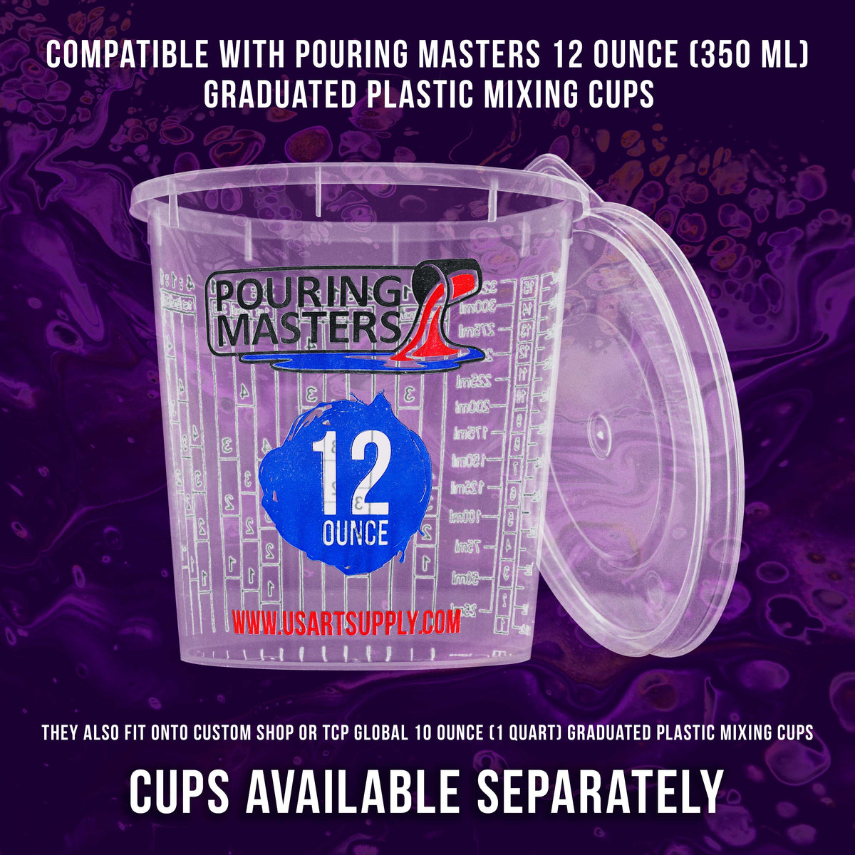 Pouring Masters 12-Pack Mixing Cup Lids for 12 Oz (350ml) Graduated Plastic Measuring Cup Lids - Storage Seal Top for Pouring Masters Automotive Paint Mixing Cups, Epoxy Resin, Art Supplies