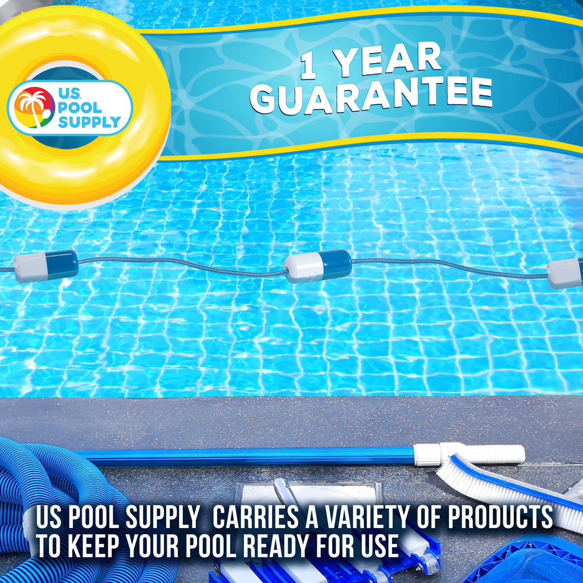 Swimming Pool Adjustable Length 16 to 20 Feet Safety Rope with Floating Buoys - Section Off Hazardous Areas, Dividing Lanes, Hooks