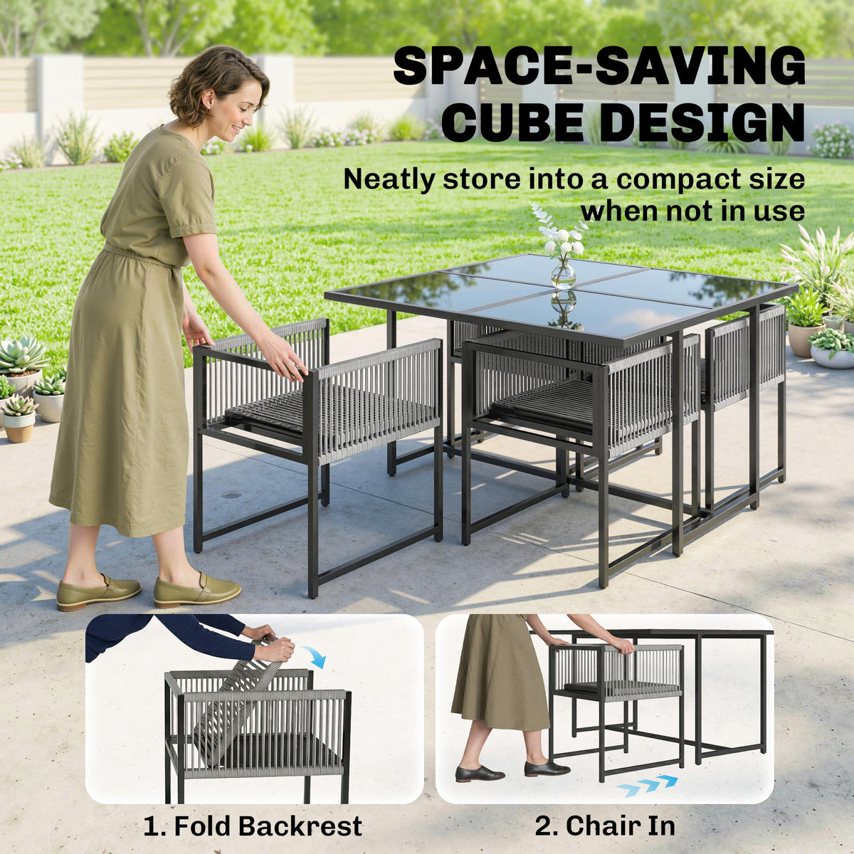 5-Piece Light Grey Outdoor Dining Set with Tempered Glass Top, Foldable Chairs