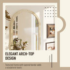 HOMCOM Arched Wall Mirror with Grooved Edge & Hooks, Wall-Mounted Mirror, Modern Tempered Glass & Polystyrene Beige