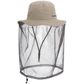 Simms Bugstopper Net Sombrero featuring a wide-brimmed tan hat with an attached black mesh net for full face and neck insect protection, designed for outdoor fishing activities.