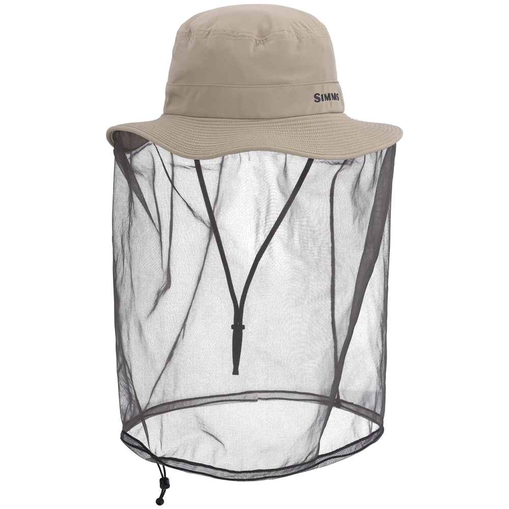 Simms Bugstopper Net Sombrero featuring a wide-brimmed tan hat with an attached black mesh net for full face and neck insect protection, designed for outdoor fishing activities.