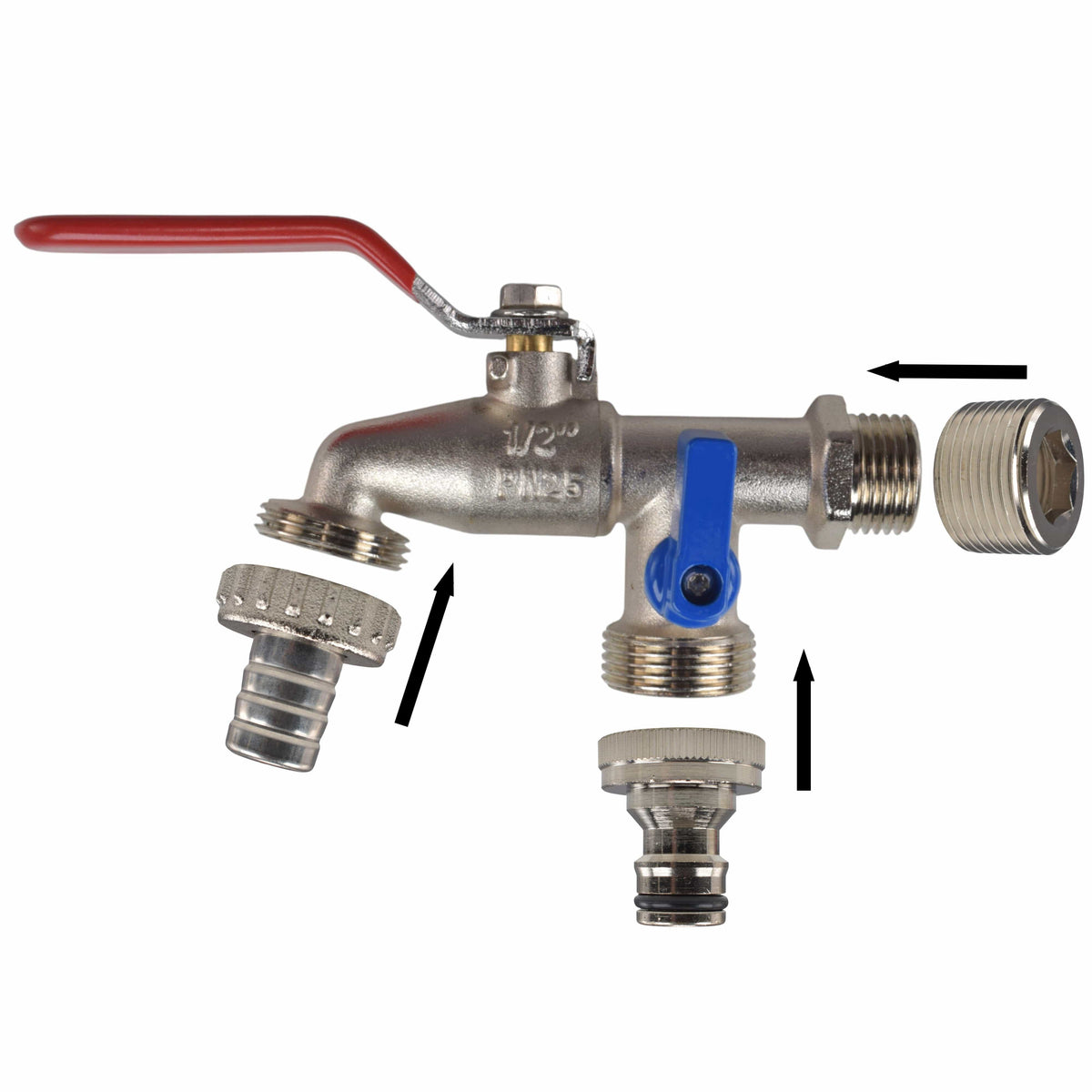 Double Lever Tap Kit with Barb/Quick Connect Outlet, 1/2" and 3/4" BSP Thread Inlet