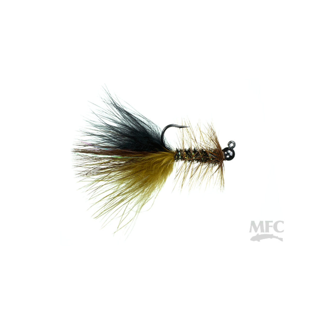 Jig Thin Mint fishing lure featuring a weighted hook with black and olive green feathers and iridescent fibers, designed for musky and freshwater fishing tackle.