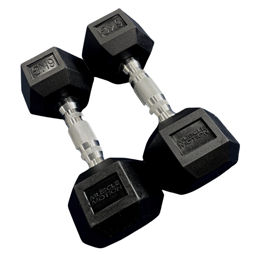 Muscle Motion Rubber Hex Dumbbell Set With 2 Tier Rack (5kg To 40kg) (12 Pairs)