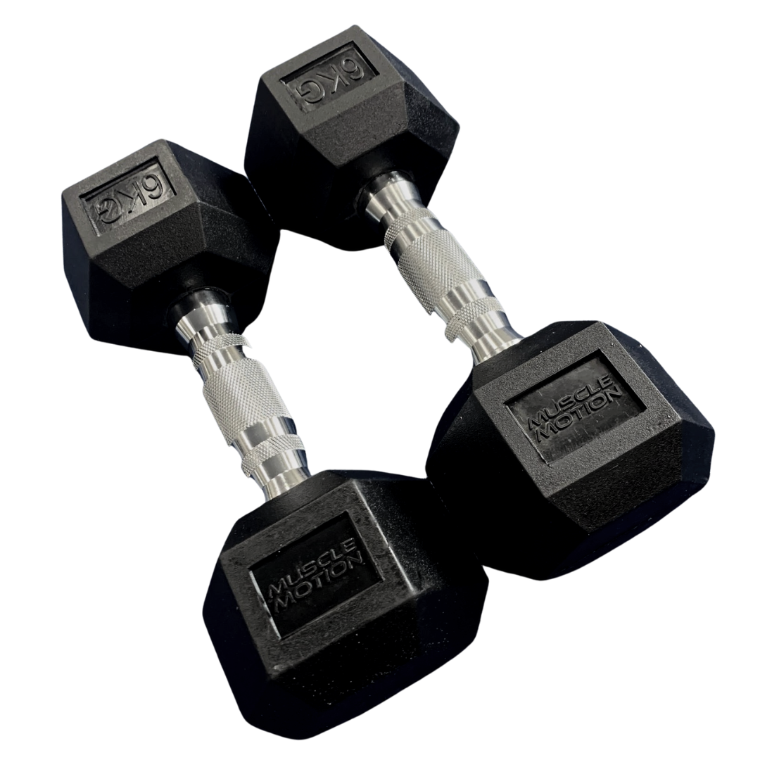 Muscle Motion Rubber Hex Dumbbell Set With 2 Tier Rack (5kg To 40kg) (12 Pairs)