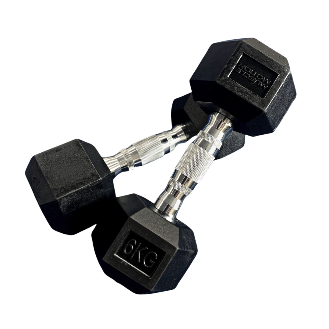 Muscle Motion Rubber Hex Dumbbell Set With 2 Tier Rack (5kg To 40kg) (12 Pairs)