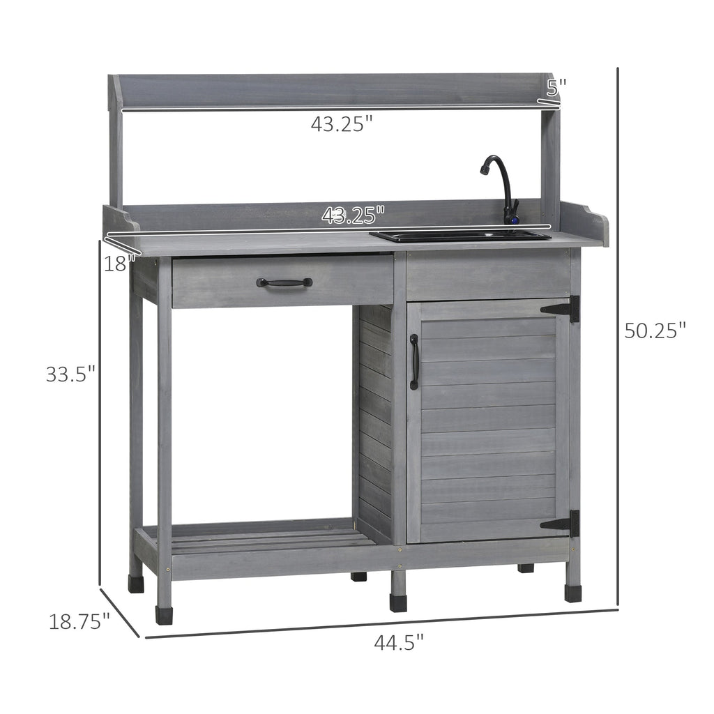 Garden Potting Table with Storage Cabinet, Removable Sink, Faucet and Drawer, Gray