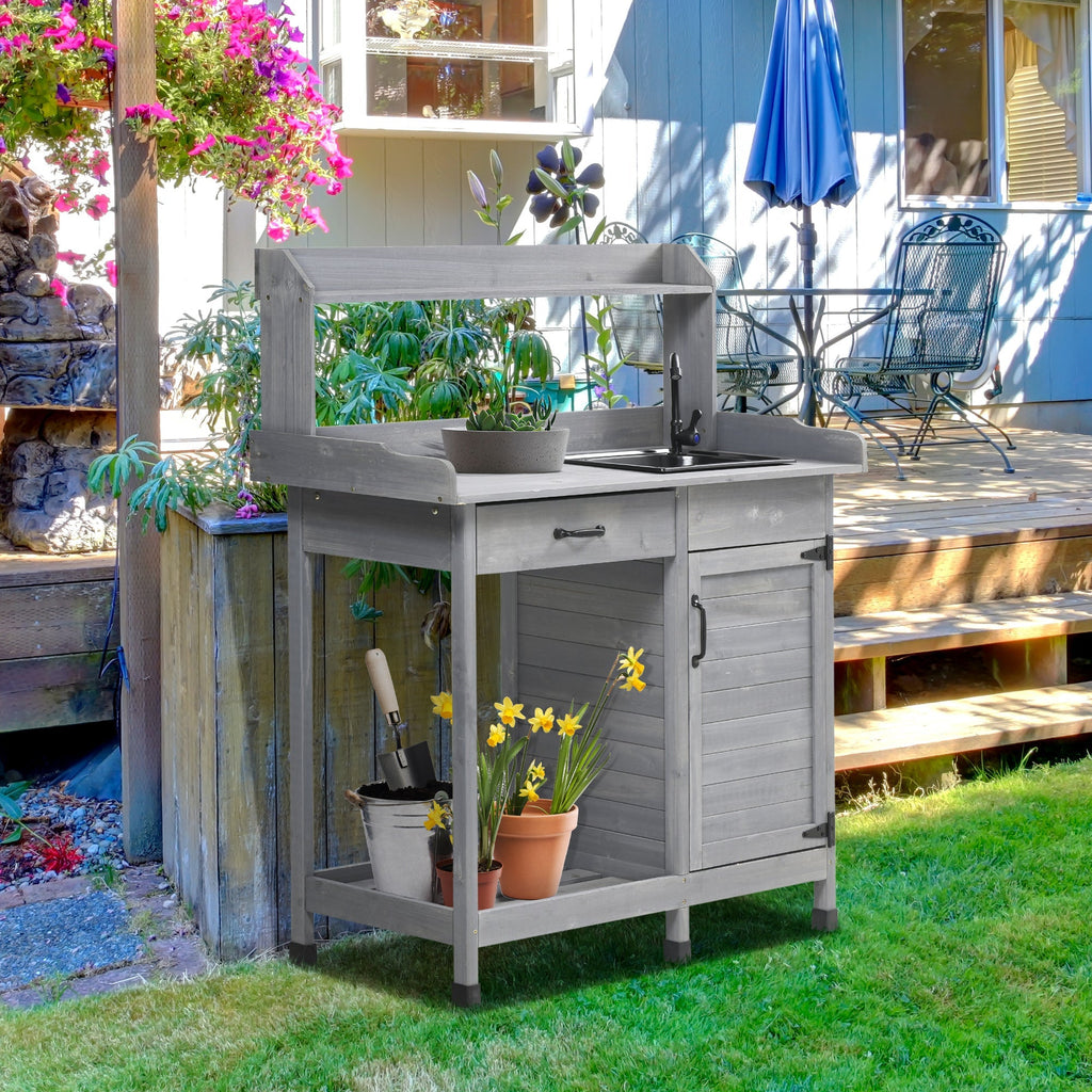 Garden Potting Table with Storage Cabinet, Removable Sink, Faucet and Drawer, Gray