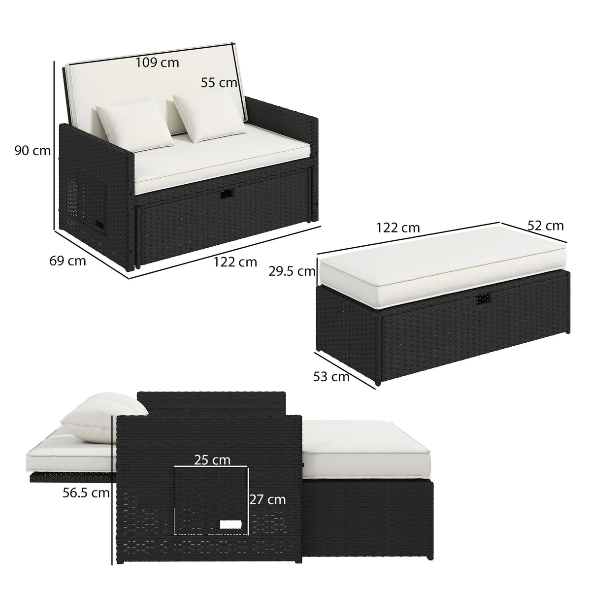 Rattan Garden Daybed with Ottoman, Retractable Trays & Cushions, Cream White