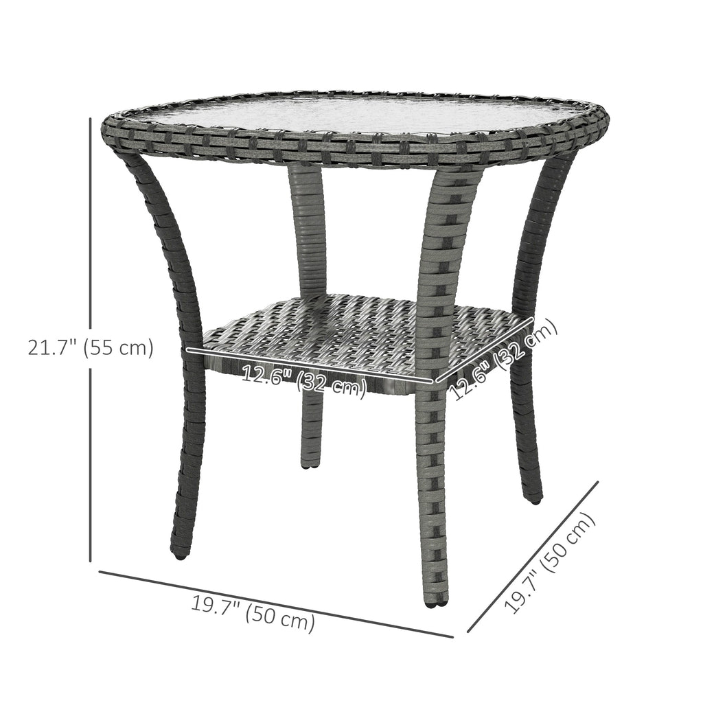 Rattan Coffee Table with Storage Shelf and Glass Top, Mixed Grey