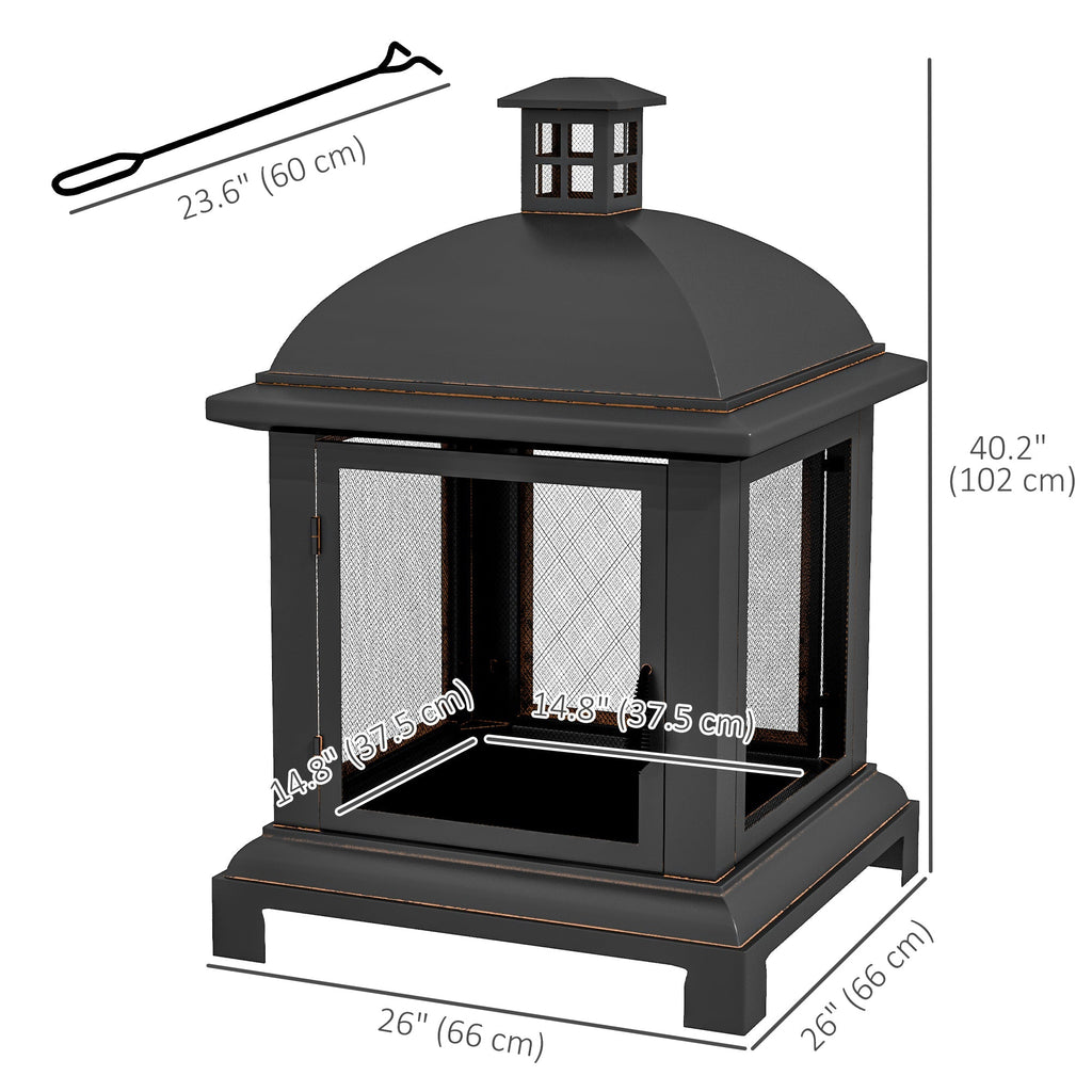 26" Fire Pit with Chimney Style, Outdoor Wood Burning Firepit with Spark Guard and Poker, Steel, Black