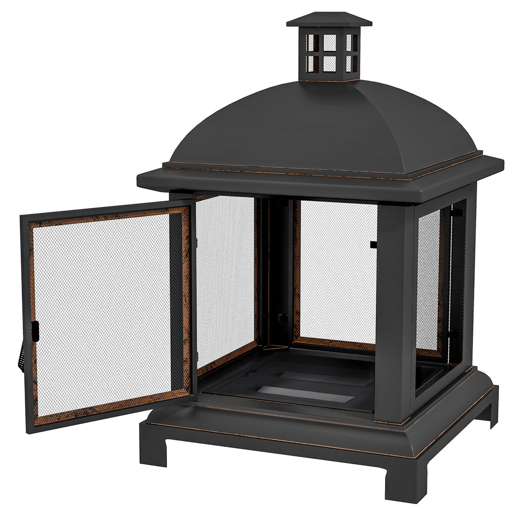 26" Fire Pit with Chimney Style, Outdoor Wood Burning Firepit with Spark Guard and Poker, Steel, Black