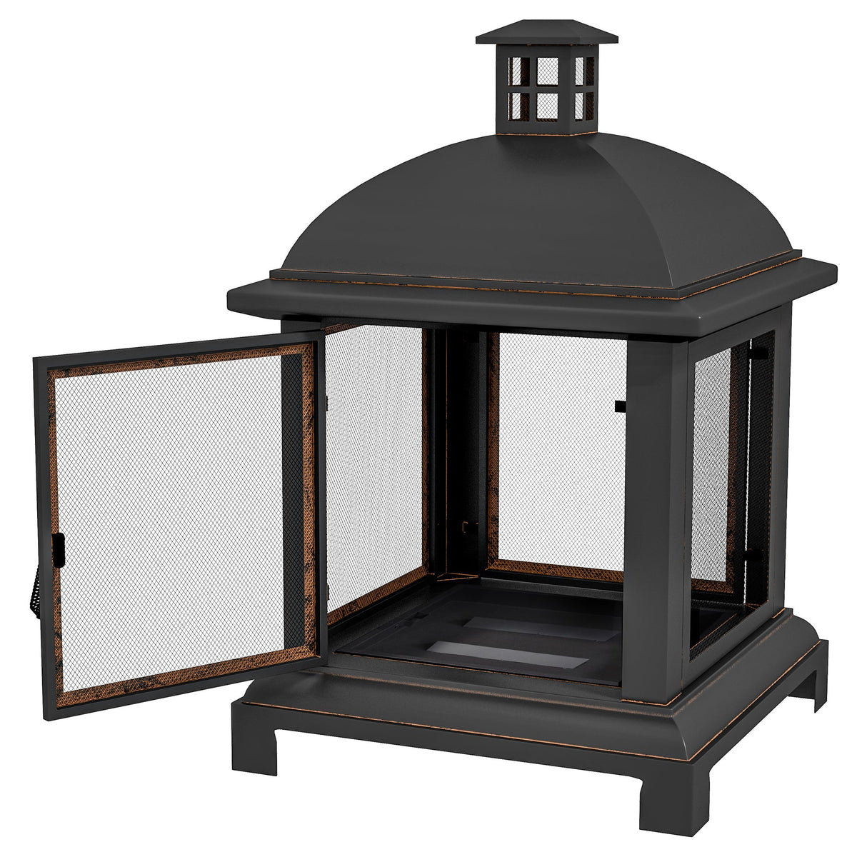 26" Fire Pit with Chimney Style, Outdoor Wood Burning Firepit with Spark Guard and Poker, Steel, Black