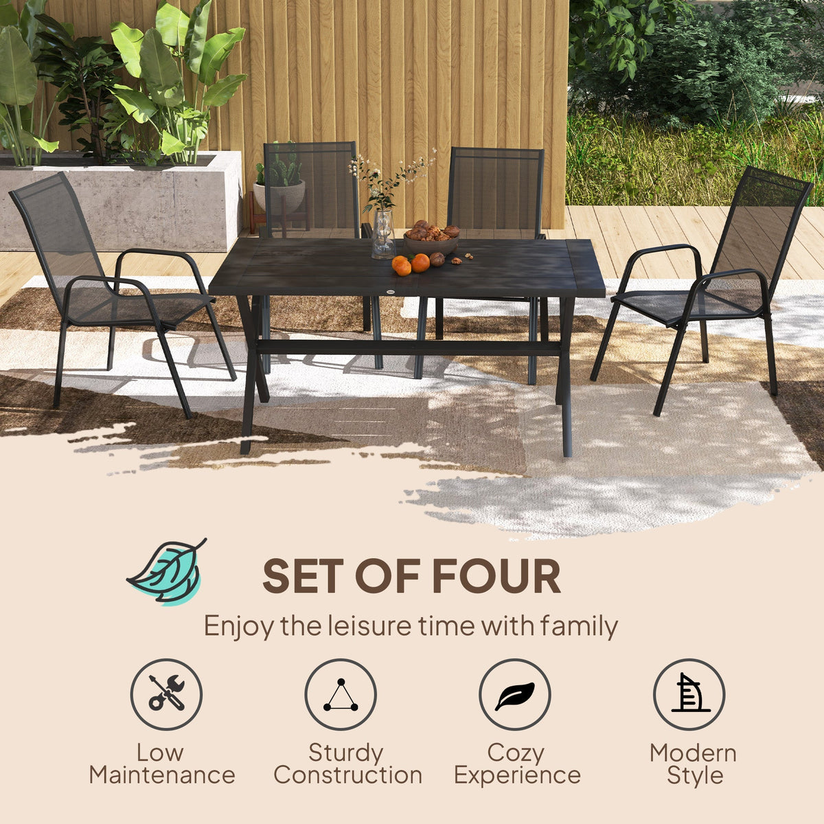 4 Pieces Stackable Outdoor Chairs with High Backrest and Armrest, Black