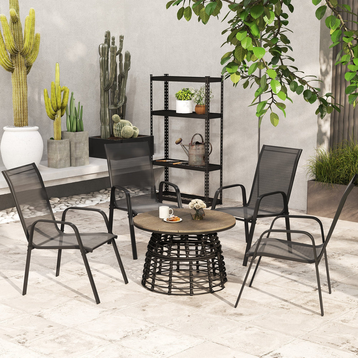 4 Pieces Stackable Outdoor Chairs with High Backrest and Armrest, Black