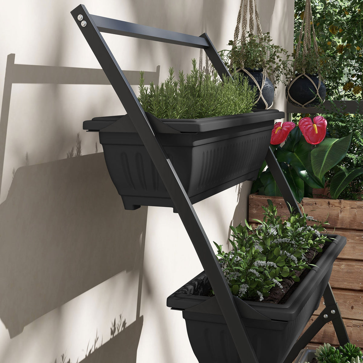 Raised Garden Bed, 4 Tier Vertical Garden Planter Set, 4 Outdoor Planter Boxes with Stand, Self Draining Design Elevated Garden for Vegetable, Flowers & Herbs, Black