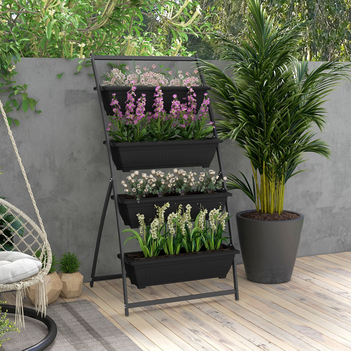 Raised Garden Bed, 4 Tier Vertical Garden Planter Set, 4 Outdoor Planter Boxes with Stand, Self Draining Design Elevated Garden for Vegetable, Flowers & Herbs, Black
